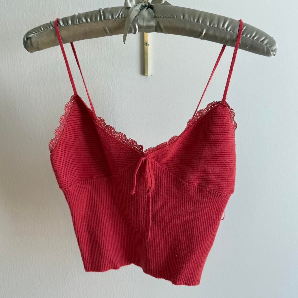 LA Hearts Red Lace Trim Tie Front Ribbed Crop Top Cami Womens Small